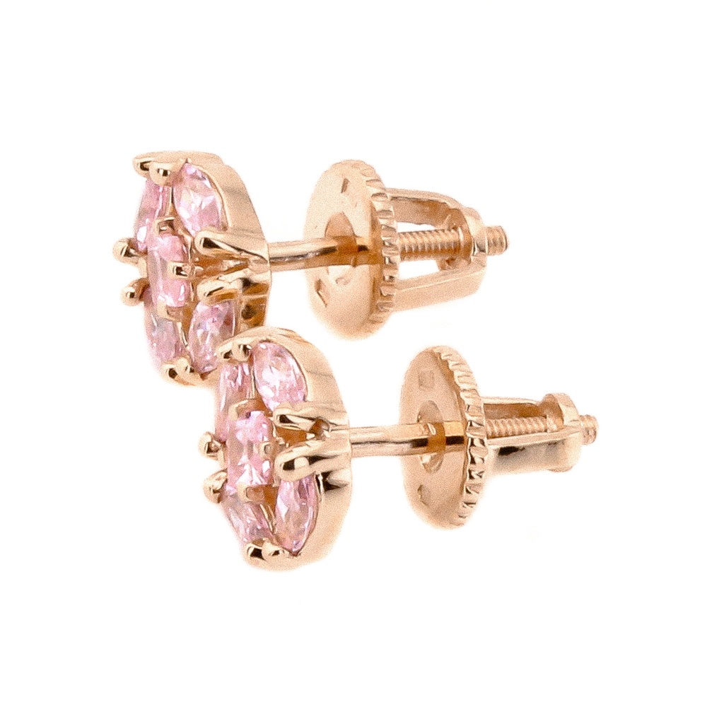 Золоті сережки-гвоздики (пусети) з великими рожевими фіанітами розсипом 121061-1pink, Рожевий