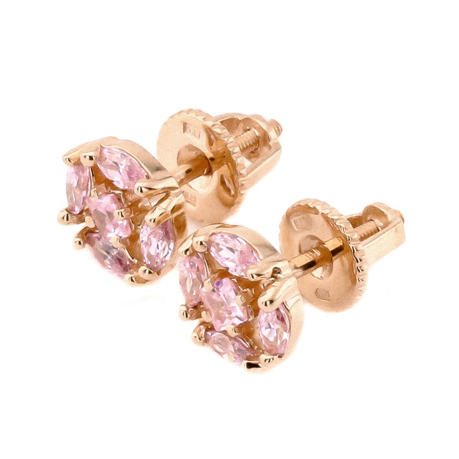 Золотые серьги-гвоздики (пусеты) с крупными розовыми фианитами россыпью 121061-1pink, Розовый
