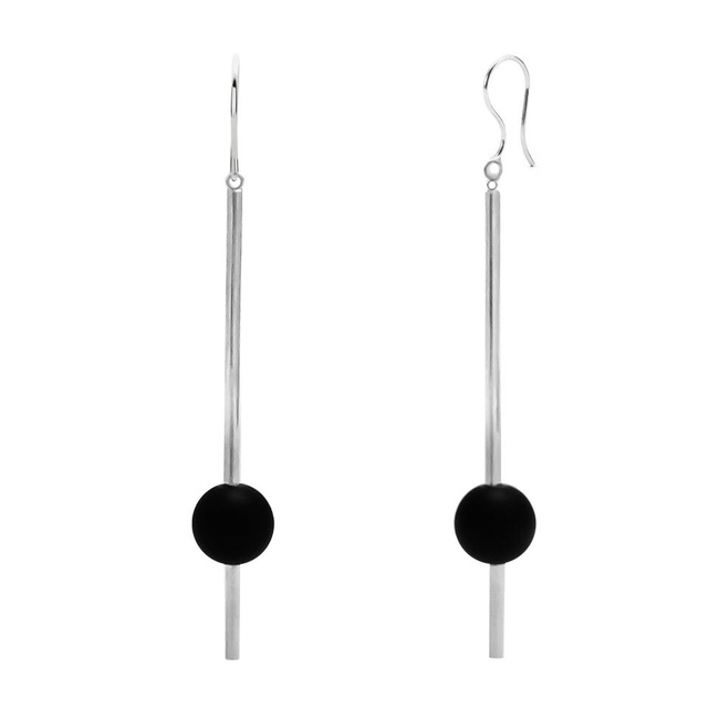 Серебряные серьги висячие Палочки крючок с шариком Обсидиан, ms338, Черный