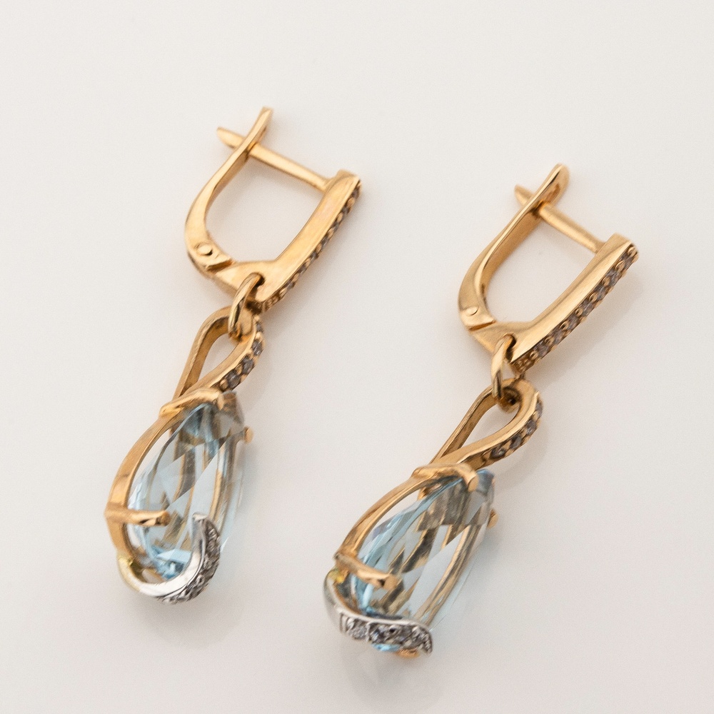 Золоті сережки-підвіски Крапля з топазом та фіанітами 12800top, Блакитний