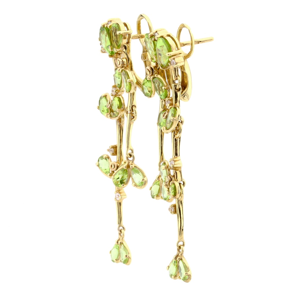 Длинные золотые серьги висячие с зеленым хризолитами и фианитами 12033chr, Зеленый