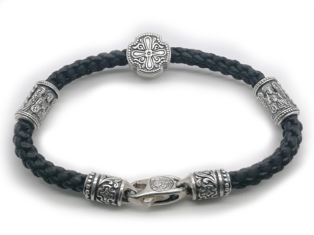 Срібний браслет Православний Спас з чорнінням на чорному плетеному шнурку 4009-IDE 19 розмір