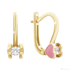 Детские сережки золотые с бриллиантами Сердце розовое с эмалью с английским замком (270566120311)