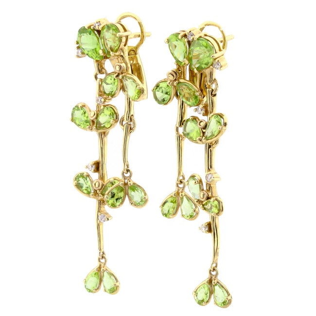 Довгі золоті сережки висячі з зеленим хризолітами та фіанітами 12033chr, Зелений