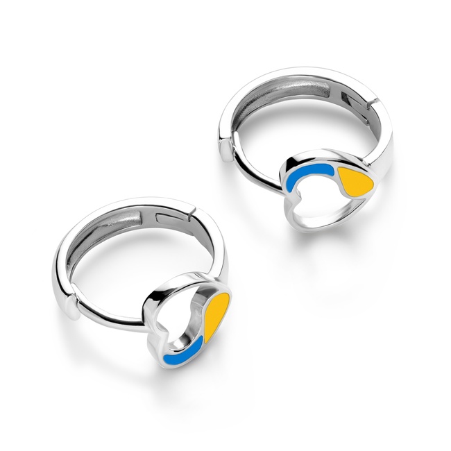 Серебряные серьги-кольца Сердце голубо-желтое с эмалью 3201994