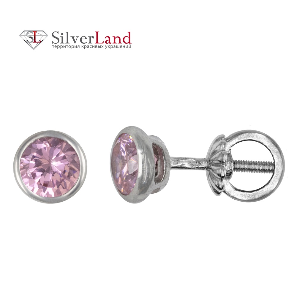 Срібні сережки-пусети (гвоздики) з рожевим фіанітом (кубічний цирконій) Арт. с23012/R, Рожевий