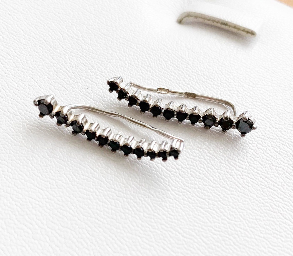 Срібні сережки-Кафи Доріжки чорні з фіанітами с23039-H-2, Чорний