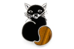 Серебряная брошь "Котик" черный (Оникс; Тигровый глаз) CI18009, Черный