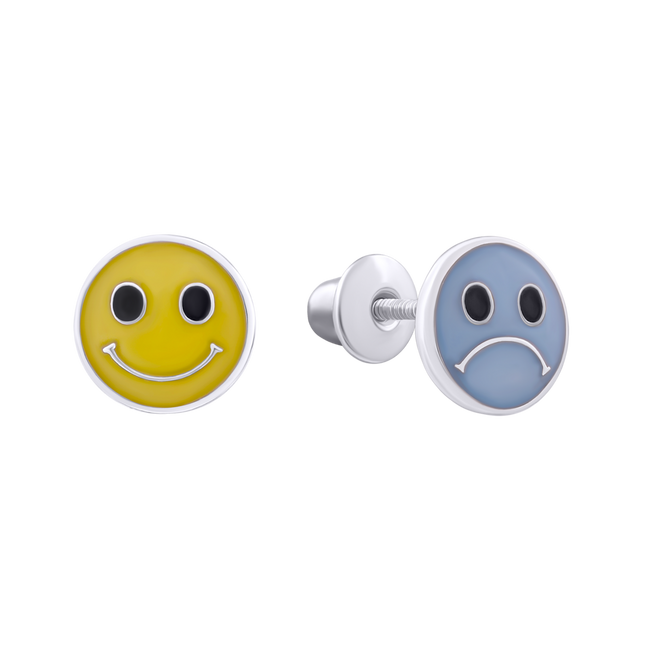Дитячі Срібні сережки-пусети Ти завжди різна (смайлик) блакитний та жовтий з емаллю 2105726006310501, Жовтий|Блакитний, UmaUmi Lumi Smiles
