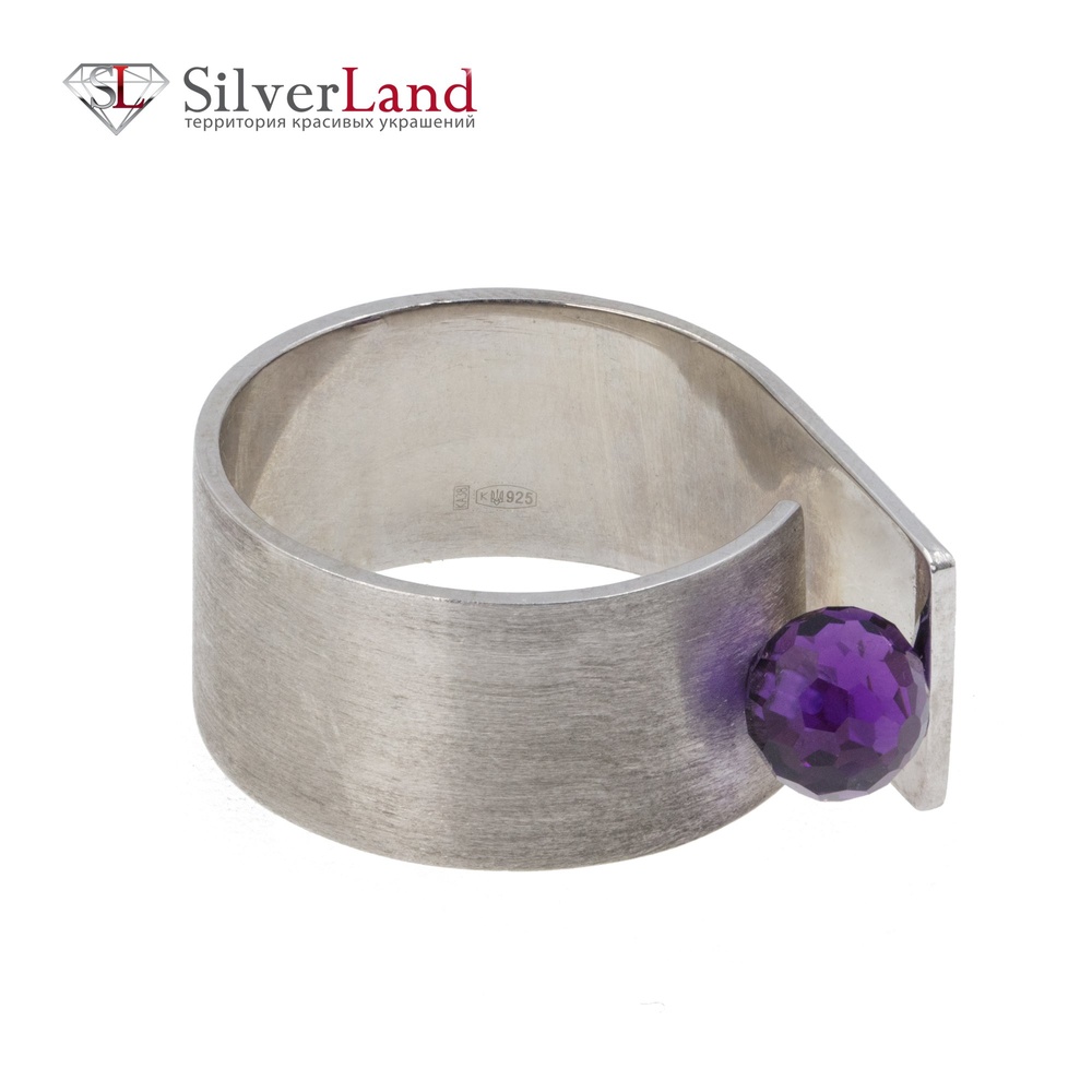 Серебряное широкое матовое кольцо с аметистом Арт. mk227, Фиолетовый