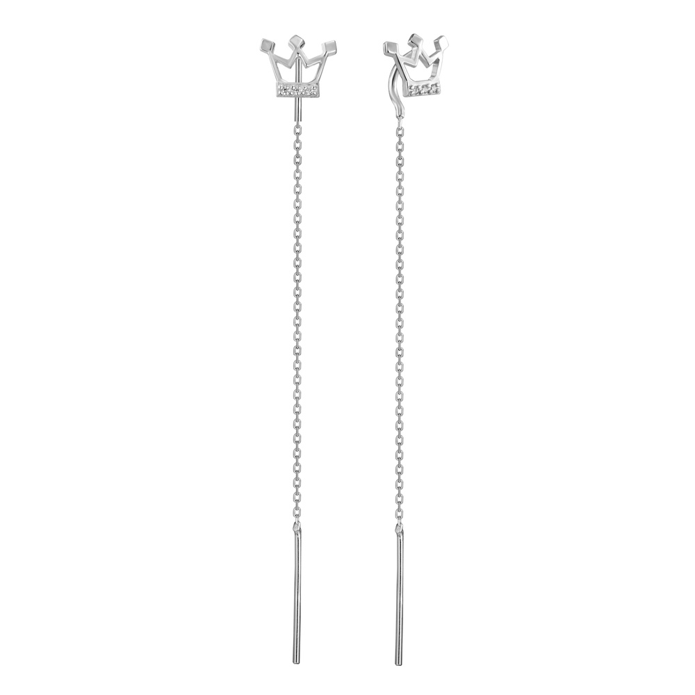 Серебряные серьги-протяжки длинные Корона с цепочкой с фианитами родированные 923359-H, Белый