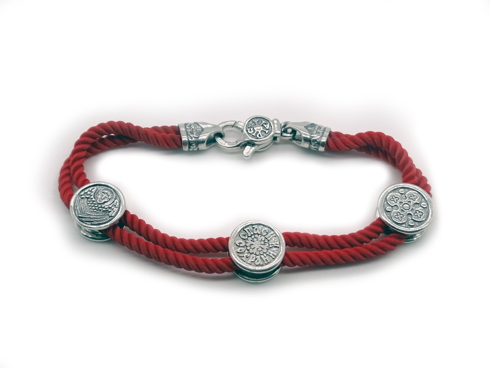 Срібний браслет Триптих з чорнінням на червоному плетеному шнурку 8011-red-IDE 16 розмір