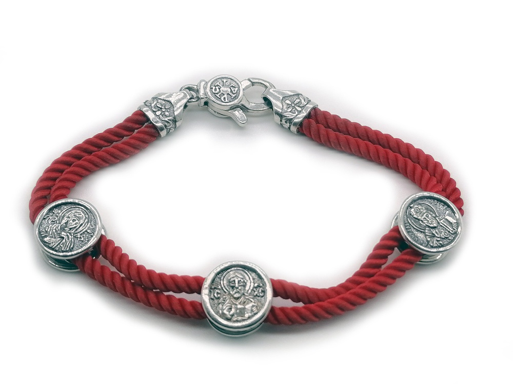 Срібний браслет Триптих з чорнінням на червоному плетеному шнурку 8011-red-IDE 17,5 розмір