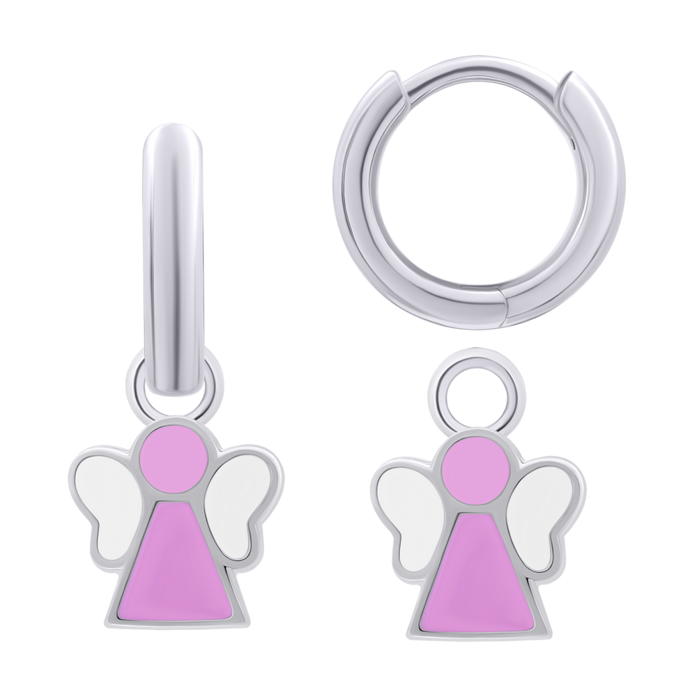 Сережки с подвесками Ангелочек с розовой и белой эмалью, d 12 мм 8195781406110501