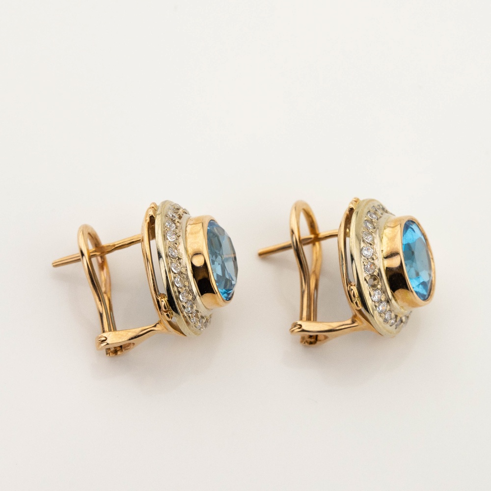 Золоті сережки круглі з топазами та фіанітами класичні 12031top, Блакитний
