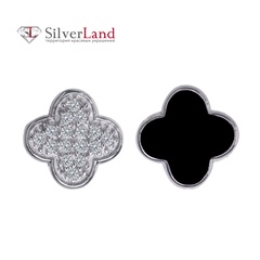 Срібні сережки-пусети (гвоздики) Клевер з чорною емаллю і фіанітів Арт. 923494/1, Чорний