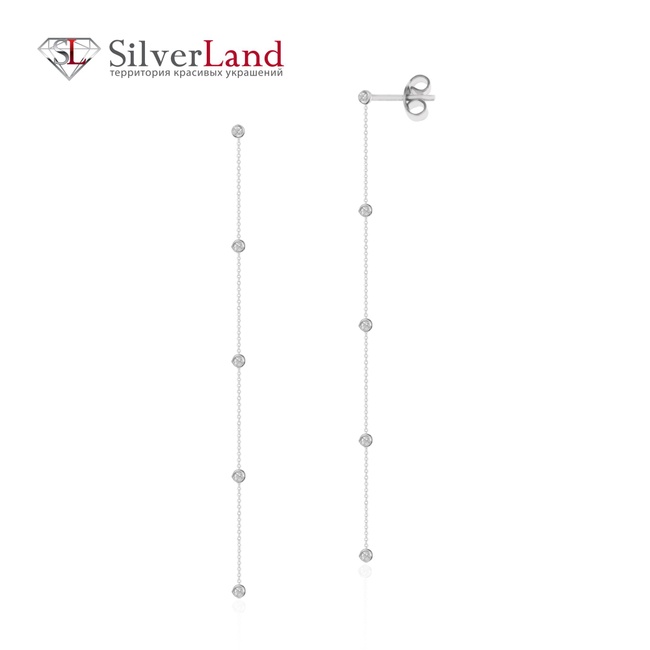Длинные серебряные серьги-висюльки цепочки "Роса с фианитами" Арт. Ms022, Белый