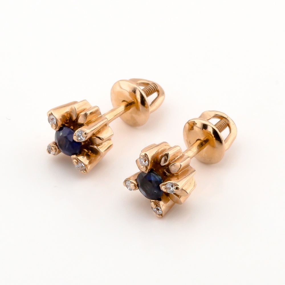 Золоті сережки гвоздики з закруткою з сапфірами та фіанітами 12772-2, Синій|Білий