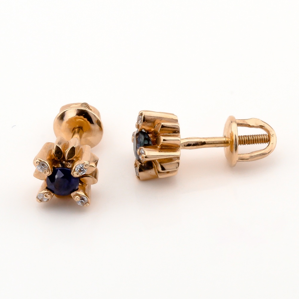 Золоті сережки гвоздики з закруткою з сапфірами та фіанітами 12772-2, Синій|Білий