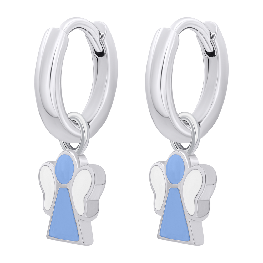 Сережки с подвесками Ангелочек с голубой и белой эмалью, d 12 мм 8195781406040501