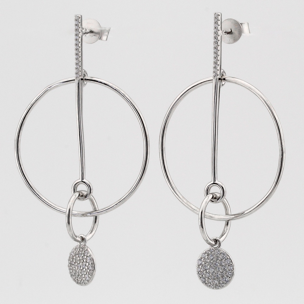 Серебряные серьги висячие Круги с подвесками с фианитами в стиле геометрия C121289, Белый