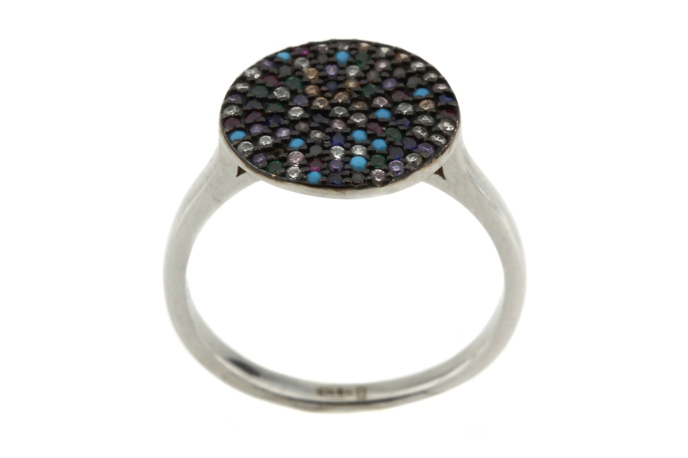 Серебряное кольцо Плоский диск с цветными фианитами СК11071, 18 размер, 18, Разноцветный