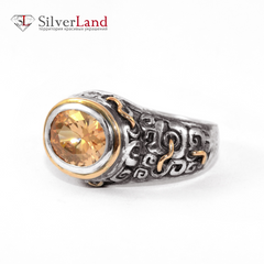 Серебряное кольцо перстень с чернением "EJ Civilization" с желтым камнем Арт. 1019/EJ