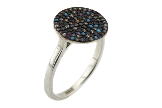 Серебряное кольцо Плоский диск с цветными фианитами СК11071, 18 размер, 18, Разноцветный