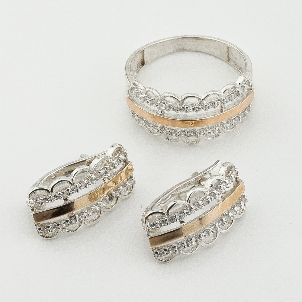 Серебряное кольцо с фианитами с золотыми накладками к950ф, 18 размер