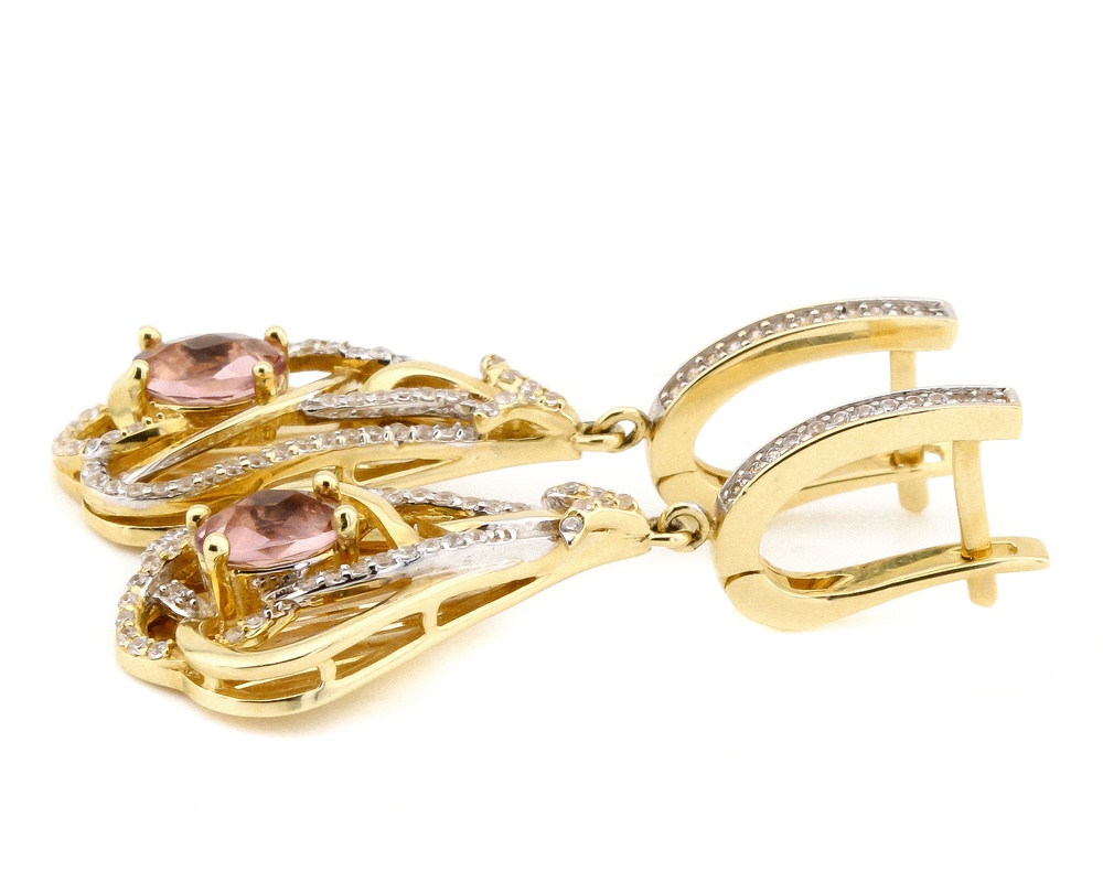 Золоті сережки-підвіски в формі краплі з фіанітами KC12390, Фіолетовий|Білий