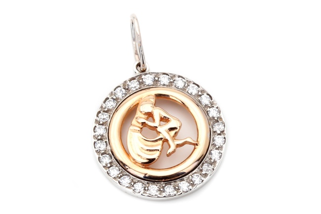 Золотая подвеска круглая знак зодиака Дева с фианитами КР13308, Белый