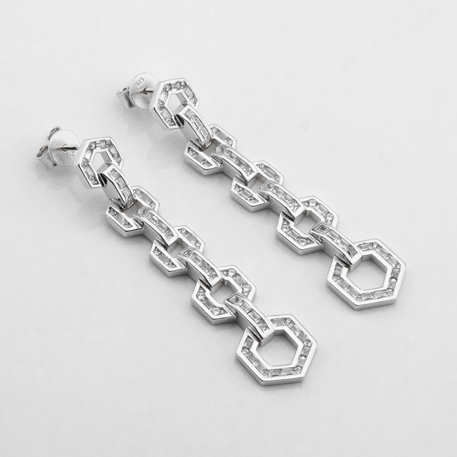 Серебряные серьги-висюльки Цепь крупная с белыми фианитами c121676, Белый
