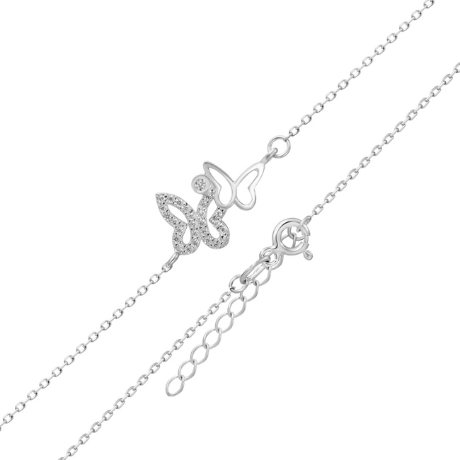 Срібний браслет-ланцюг "Метелики" з білими фіанітамі (регульований) с40299-H, Білий