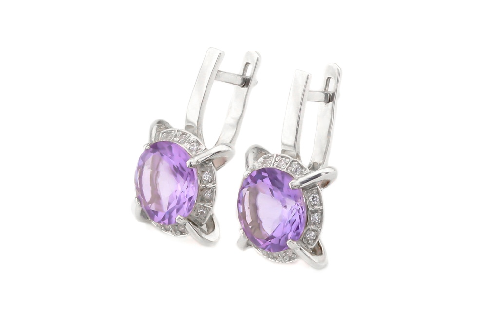 Серебряные серьги с фиолетовым аметистом и фианитами 12334-2, Фиолетовый