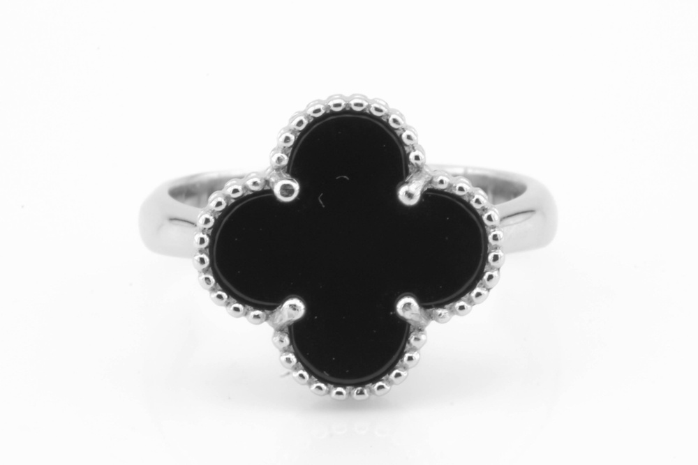 Срібний перстень квітка Клевер з чорним оніксом СК11055, 17,5 розмір, 17-5, Чорний