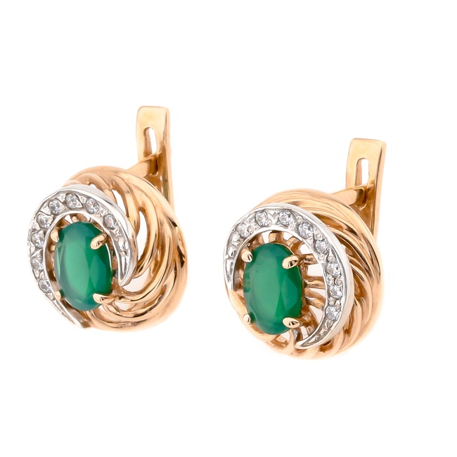 Золоті сережки Кола фігурні з зеленим оніксом овал та фіанітами 12941go, Зелений