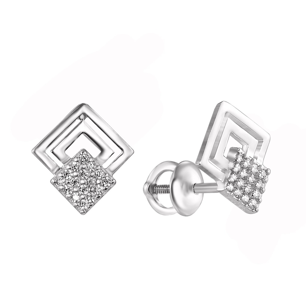 Серебряные серьги- пусеты (гвоздики) Ромбики двойные с белыми фианитами 923414-H, Белый