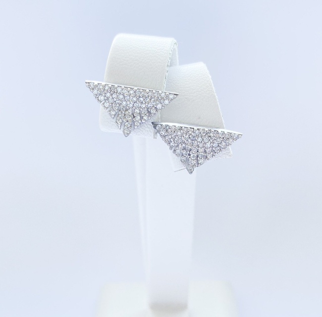 Срібні сережки пусети (гвоздики) Трикутник з камінням широкий з білими фіанітами 923463-Н, Білий