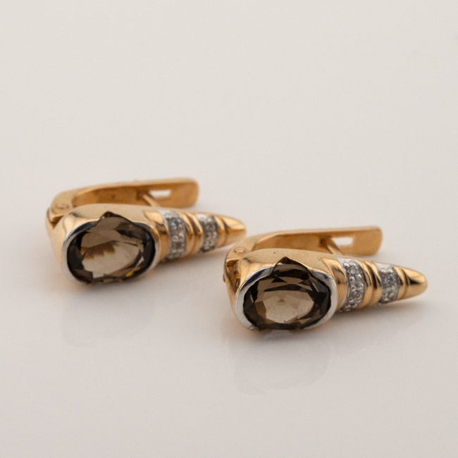 Золоті сережки з димчастим кварцом та фіанітами 12970sq, Коричневий