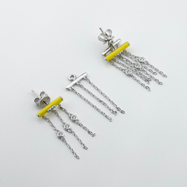 Срібні сережки Ланцюжки з жовтою емаллю і фіанітами 3202075