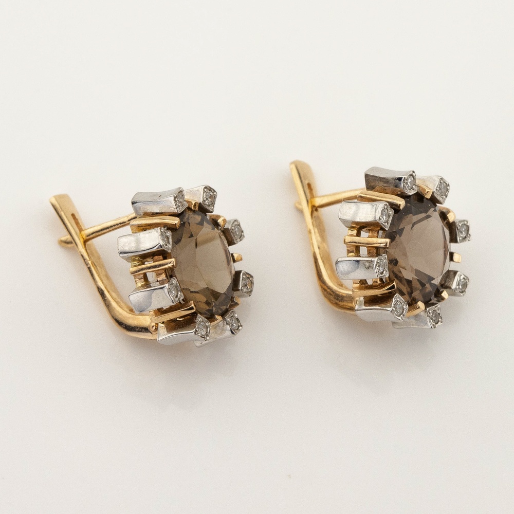 Золотые серьги камни круги с дымчатым кварцем и фианитами 12172sq, Коричневый