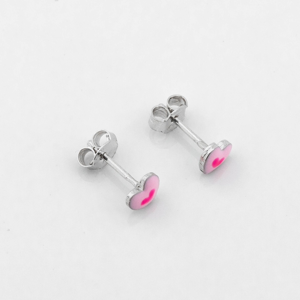 Детские серебряные серьги-пусеты Сердечки розовые с эмалью c121644, Розовый