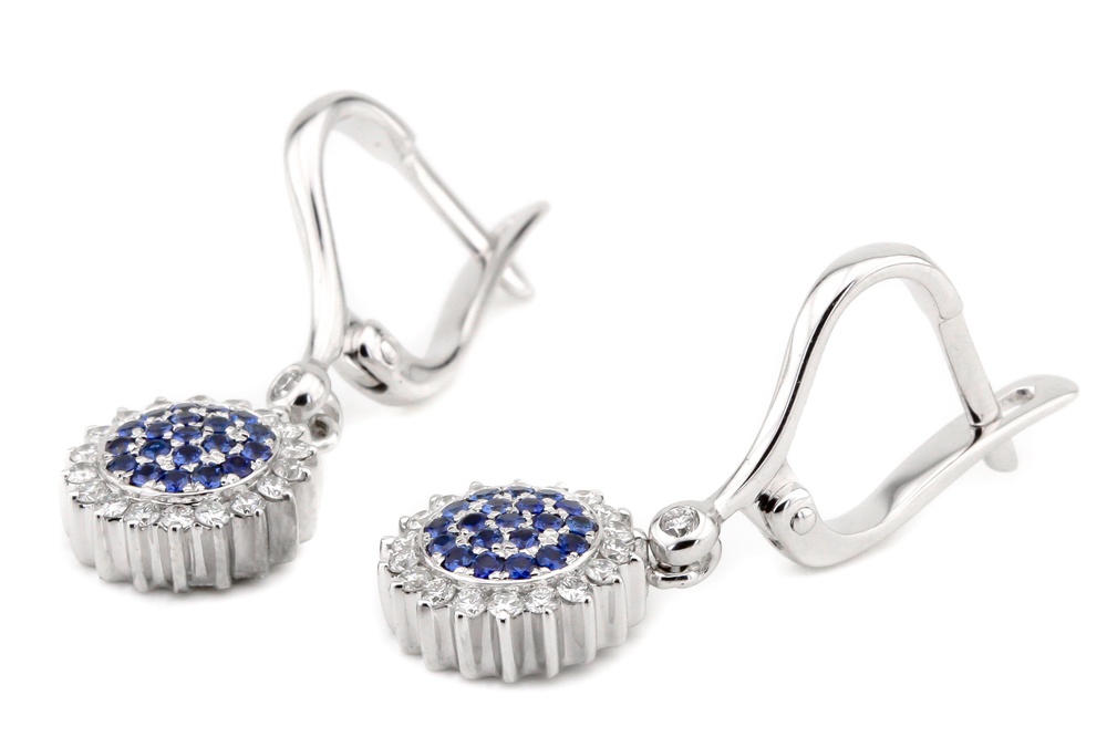 Золоті висячі сережки з підвісками з діамантами та сапфірами КР19332, Синій|Білий
