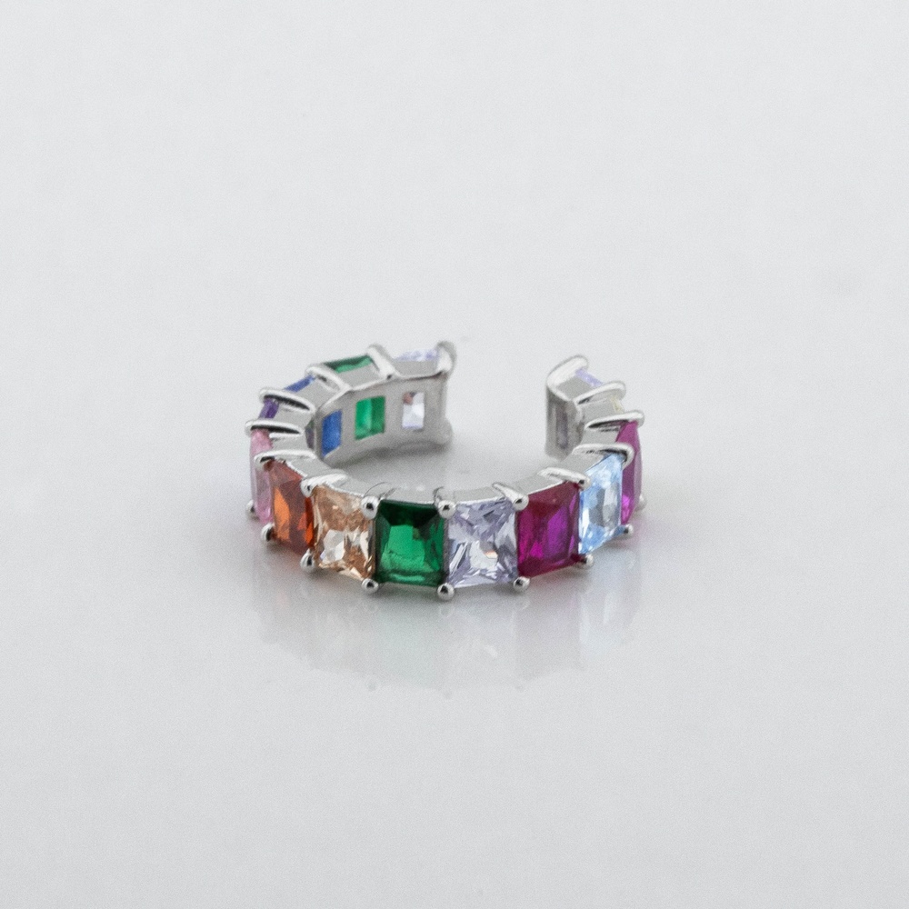 Серебряная каффа кольцо с крупными разноцветными фианитами c121792, Разноцветный