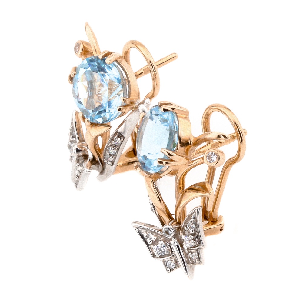 Золоті сережки з метеликами з топазами та фіанітами 12037top, Блакитний