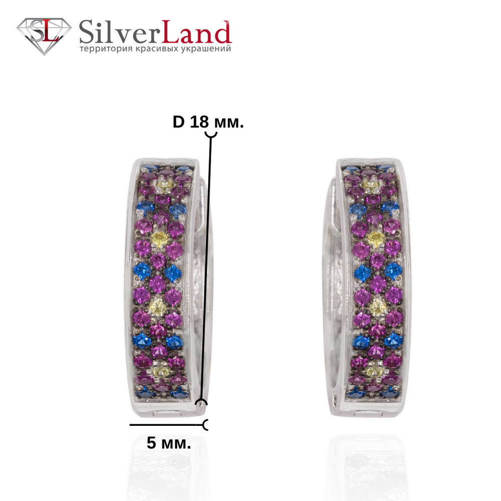 Серебряные серьги-кольца цветные украинский орнамент цветы Арт. ms317-2, Разноцветный