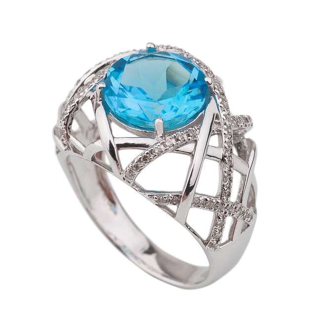 Широкое ажурное Золотое кольцо белое с голубым топазом и бриллиантами 11710, 17,5 размер