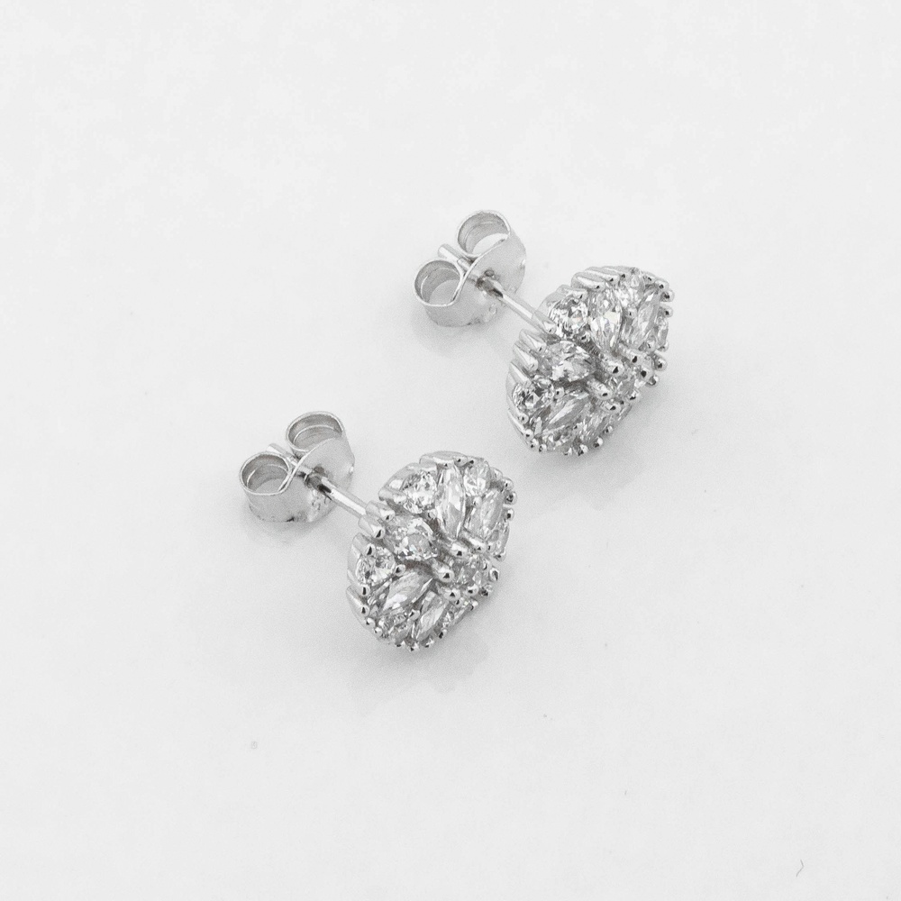 Серебряные сережки-пусеты (гвоздики) круглые с белыми фианитами c121688, Белый