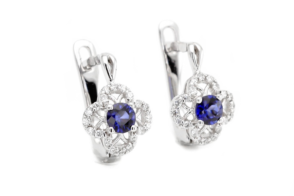 Класичні сережки з білого золота з сапфірами та діамантами EO10517, Синій|Білий