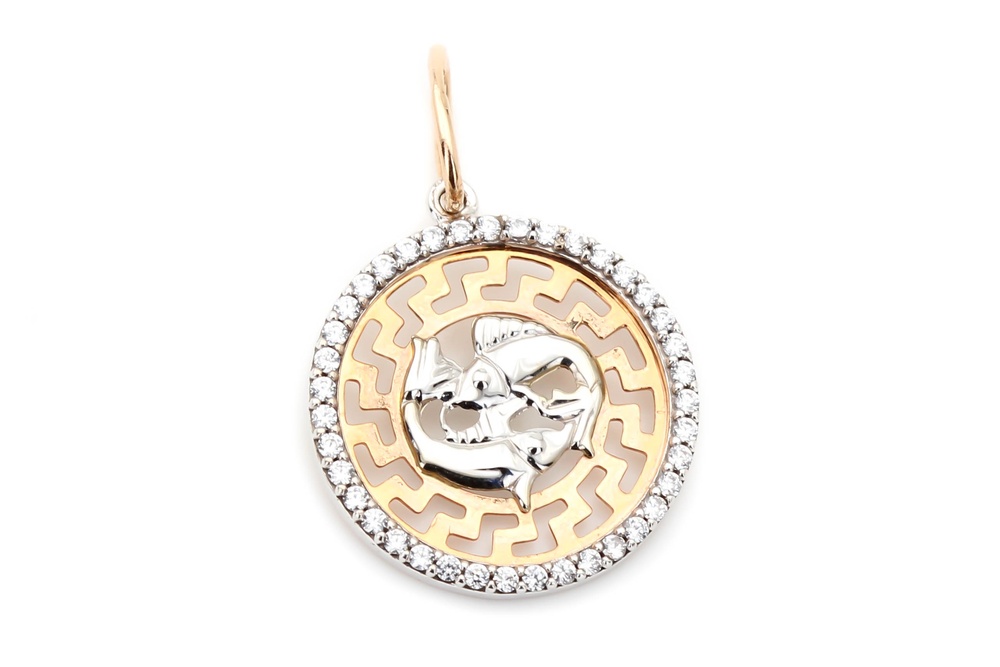 Золотая подвеска круглая знак зодиака Рыбы с фианитами КР13313, Белый
